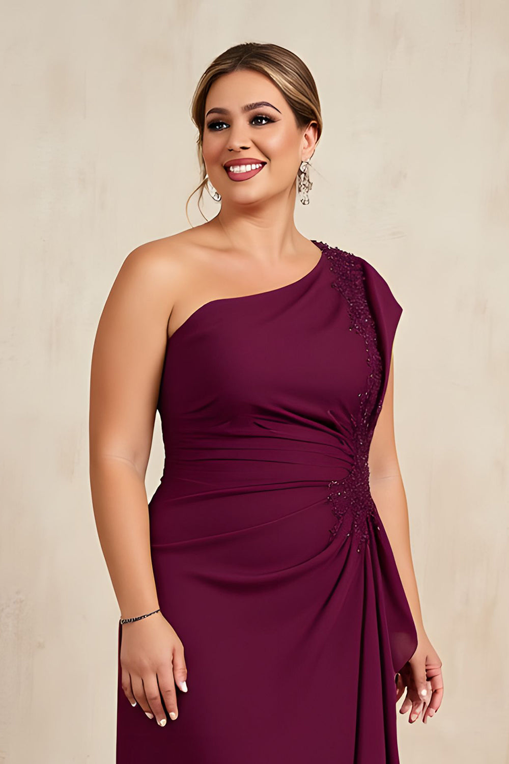 Burgundy Beaded Ruched Sheath High Low Mother Of the Bride Dress with Ruffles
