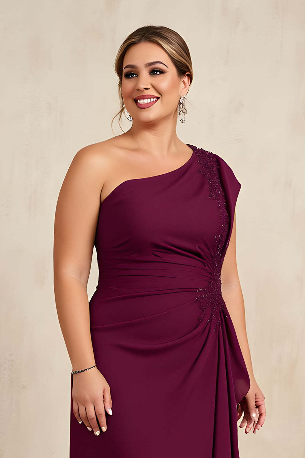 Burgundy Beaded Ruched Sheath High Low Mother Of the Bride Dress with Ruffles