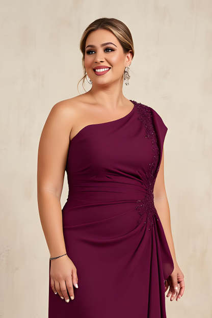 Burgundy Beaded Ruched Sheath High Low Mother Of the Bride Dress with Ruffles