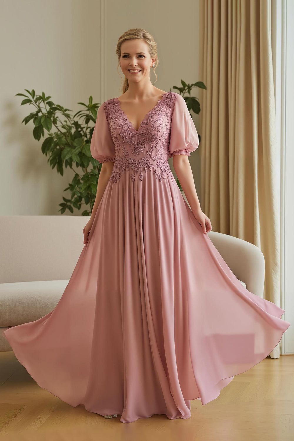 Dusty Rose Appliqued V-Neck A Line Maxi Mother of the Bride Dress with Sleeves