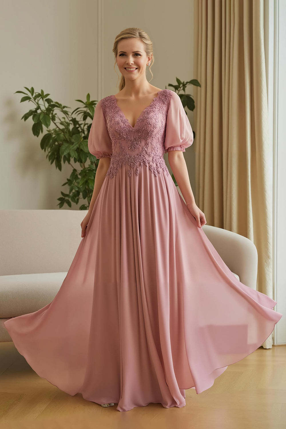 Leely Women Dusty Rose Appliqued Chiffon Long Mother of the Bride Dress Ruched Puff Sleeves A Line V-Neck Wedding Guest Dress