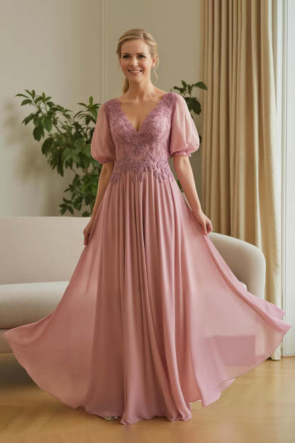 Leely Women Dusty Rose Appliqued Chiffon Long Mother of the Bride Dress Ruched Puff Sleeves A Line V-Neck Wedding Guest Dress
