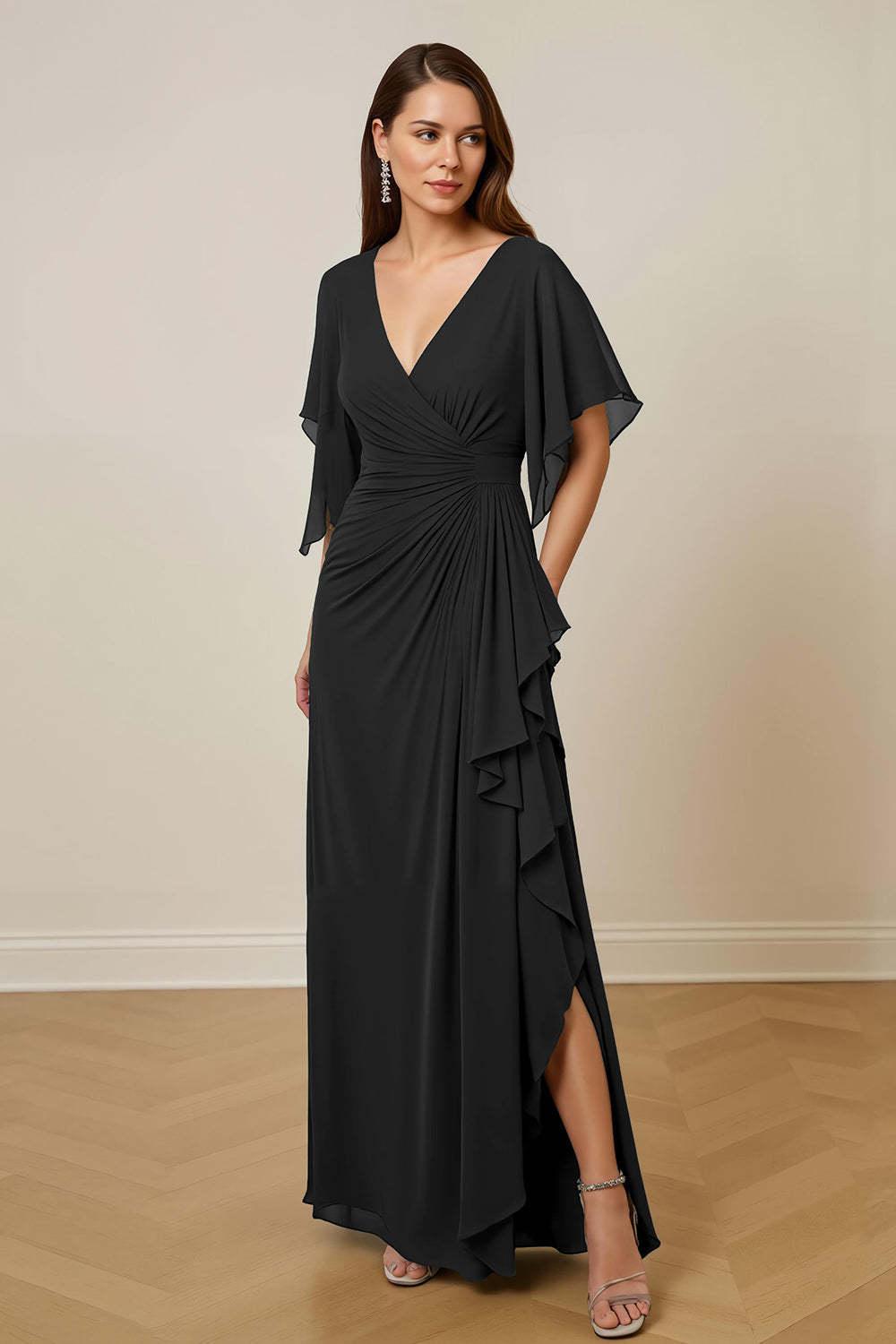 Dark Green Ruched Sheath V-Neck Maxi Mother of the Bride Dress with Ruffles