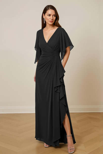 Dark Green Ruched Sheath V-Neck Maxi Mother of the Bride Dress with Ruffles