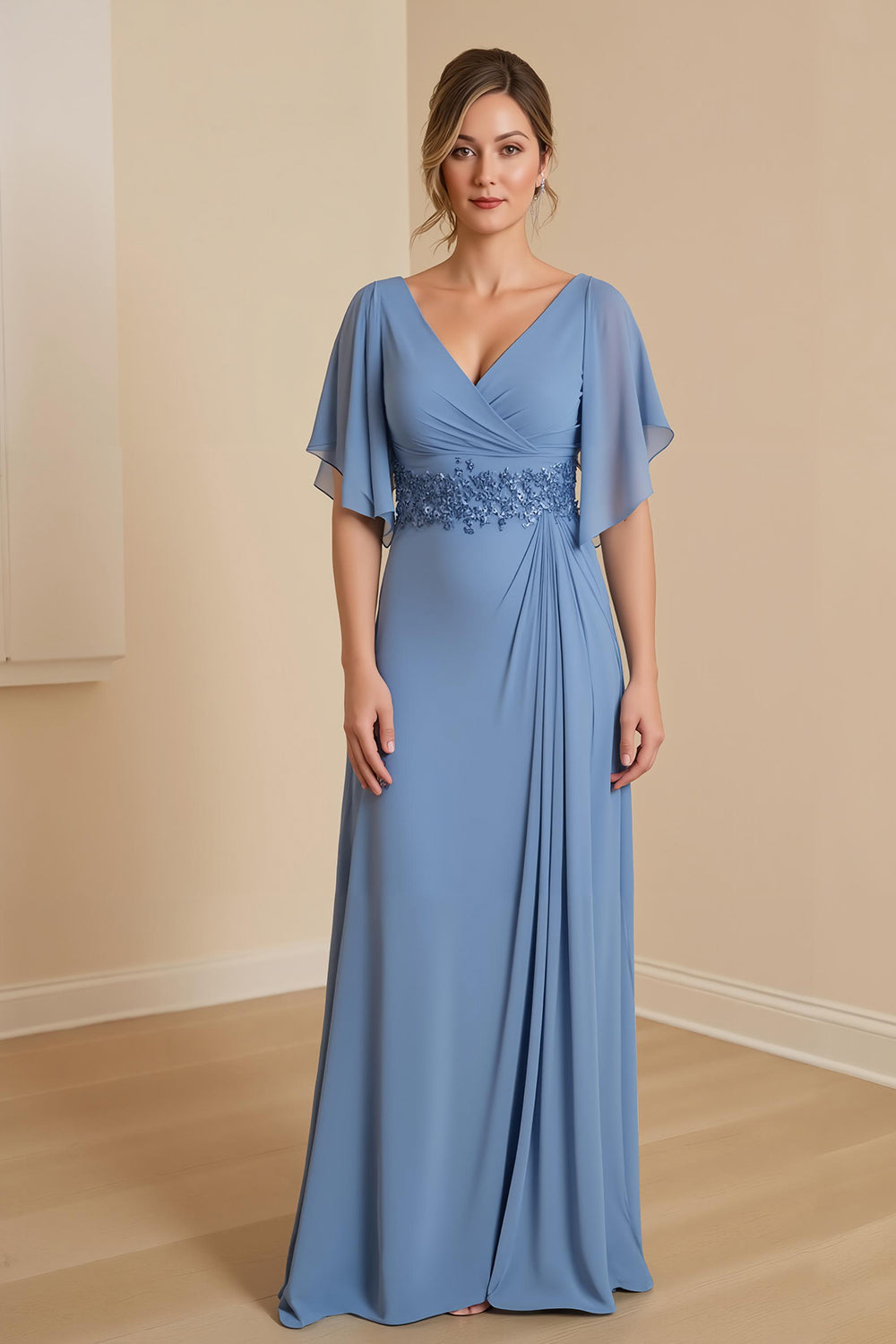 Leely Women Dusty Blue V-Neck Sheath Appliqued Maxi Mother of the Bride Dress with Ruffles Ruched Flutter Sleeves Wedding Guest Dress