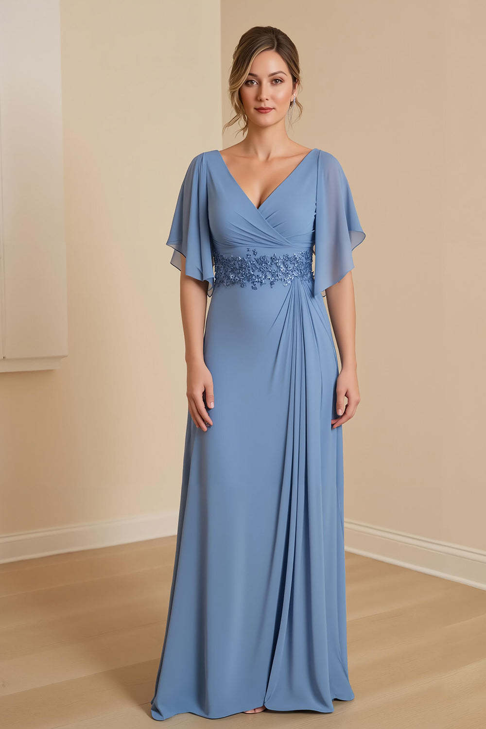 Leely Women Dusty Blue V-Neck Sheath Appliqued Maxi Mother of the Bride Dress with Ruffles Ruched Flutter Sleeves Wedding Guest Dress