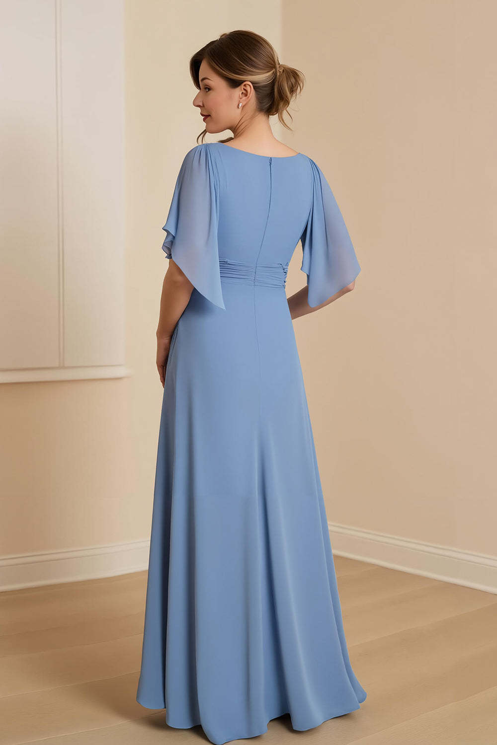 Dusty Blue Ruched V-Neck Sheath Appliqued Maxi Mother Of the Bride Dress with Ruffles
