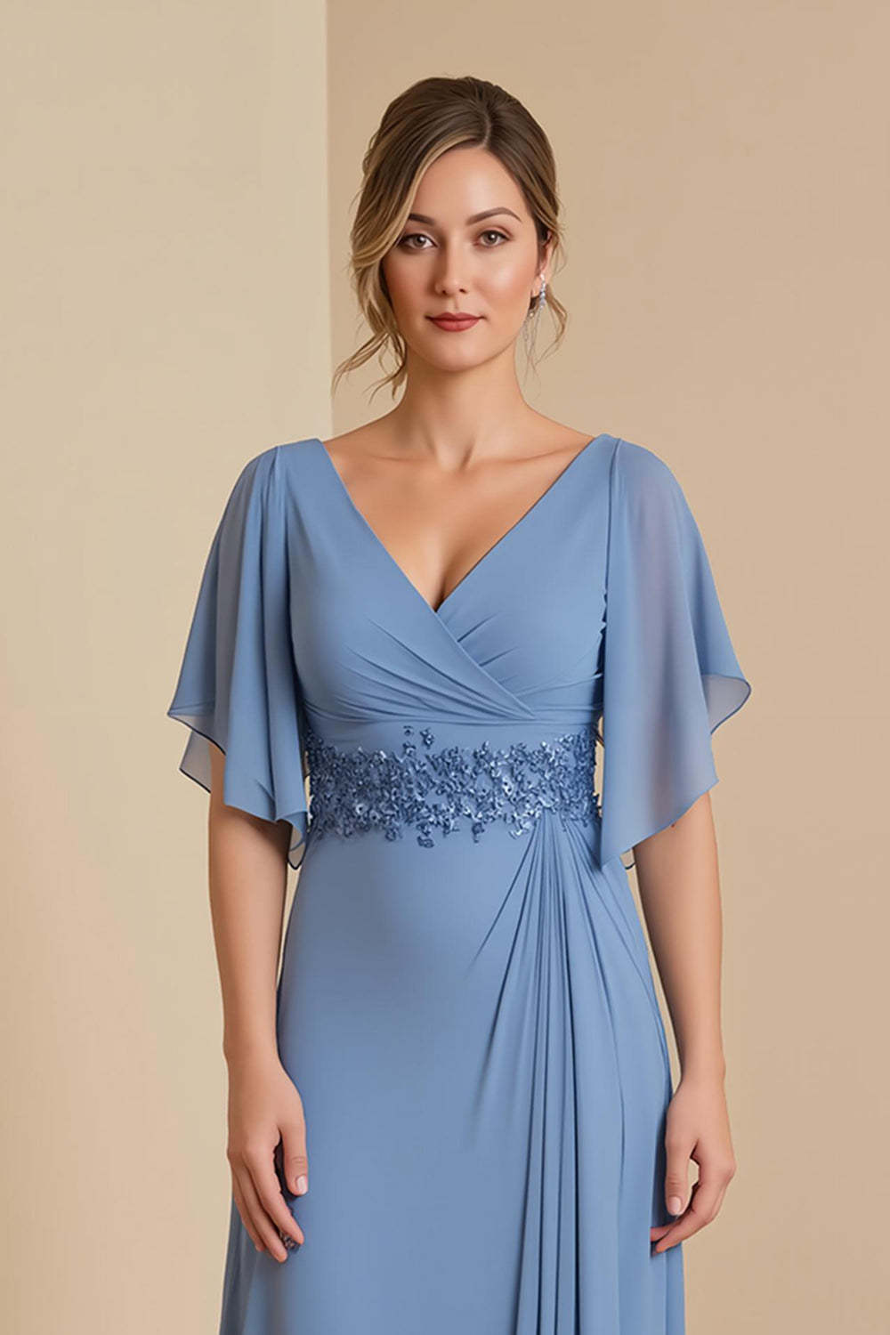 Dusty Blue Ruched V-Neck Sheath Appliqued Maxi Mother Of the Bride Dress with Ruffles