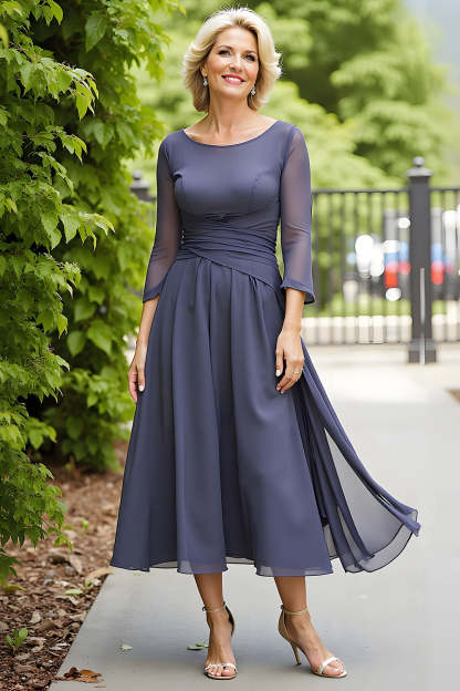 Leely Women Steel Grey Chiffon Long Mother of the Bride Dress with Sleeves Ruched A Line Boat Neck Wedding Guest Dress