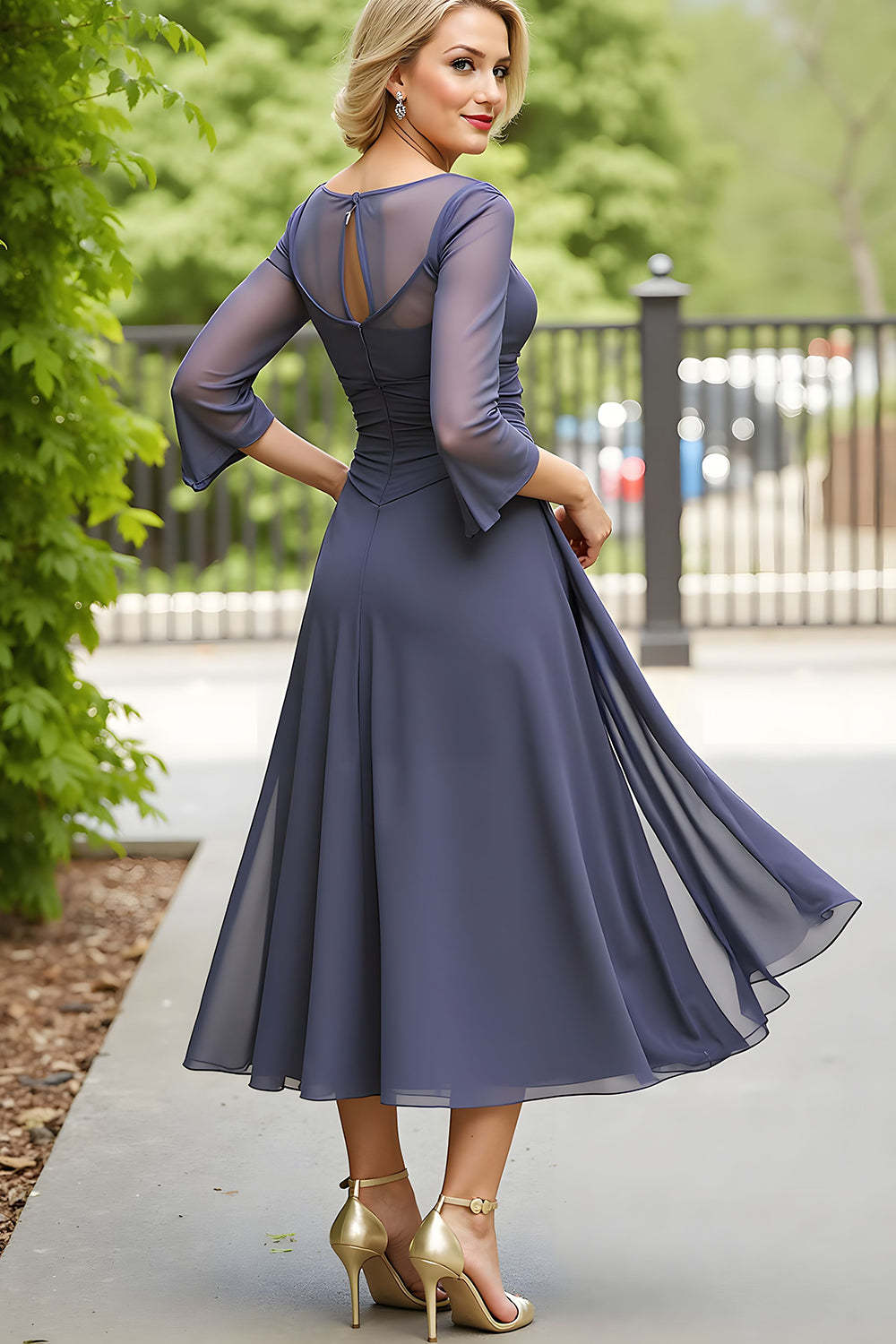 Steel Grey Chiffon Boat Neck A Line Long Mother of the Bride Dress with Sleeves