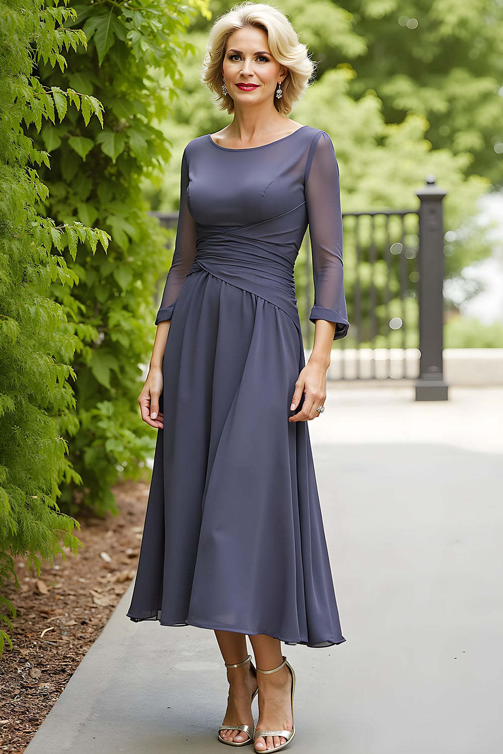 Steel Grey Chiffon Boat Neck A Line Long Mother of the Bride Dress with Sleeves