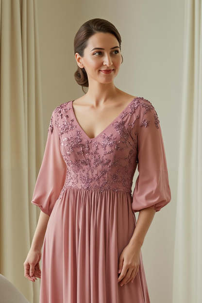 Dusty Rose Ruched V-Neck Appliqued Maxi Mother Of the Bride Dress with Sleeves