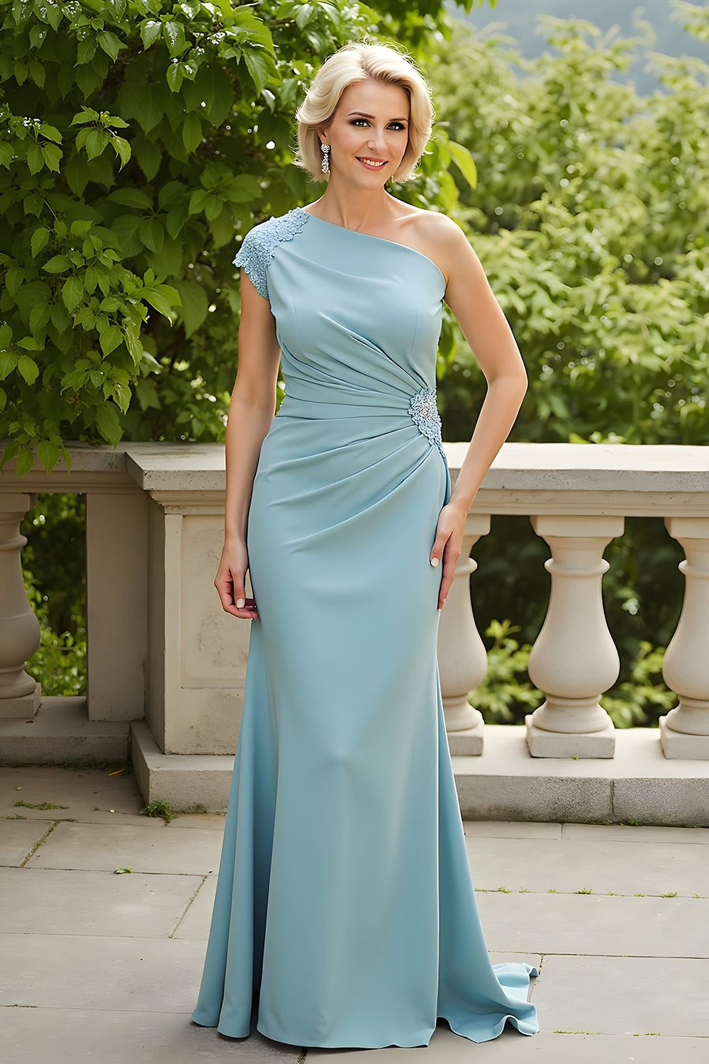 Light Blue Sheath One Shoulder Ruched Long Mother of the Bride Dress with Appliques