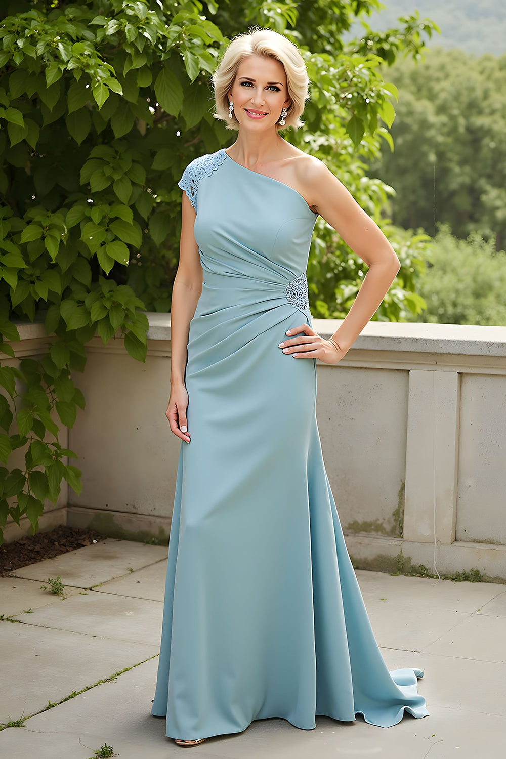 Light Blue Sheath One Shoulder Ruched Long Mother of the Bride Dress with Appliques