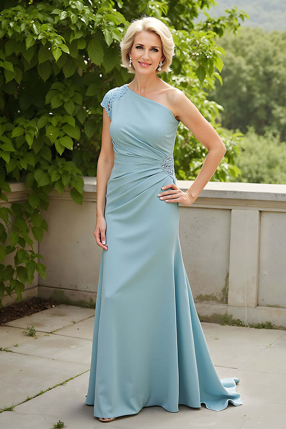 Light Blue Sheath One Shoulder Ruched Long Mother of the Bride Dress with Appliques