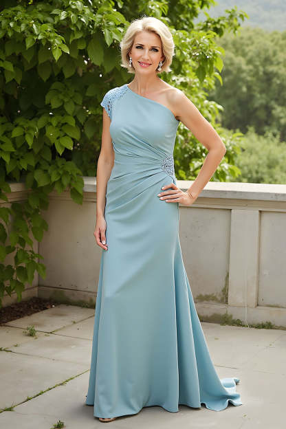Light Blue Sheath One Shoulder Ruched Long Mother of the Bride Dress with Appliques
