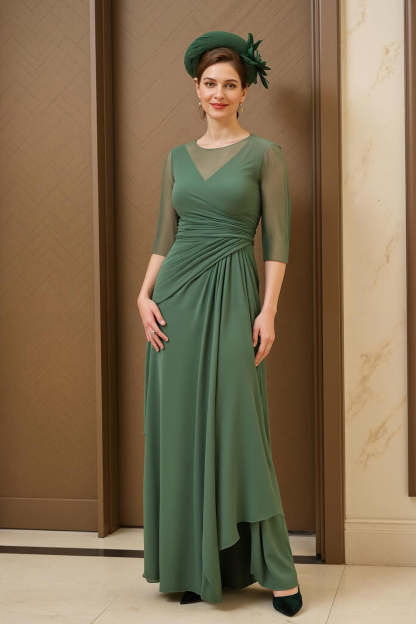 Leely Women Dark Green Ruched Chiffon Long Mother of the Bride Dress with Sleeves Sheath Illusion Round Neck Wedding Guest Dress