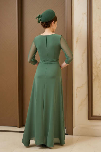 Dark Green Illusion Round Neck Ruched Maxi Mother of the Bride Dress with Sleeves