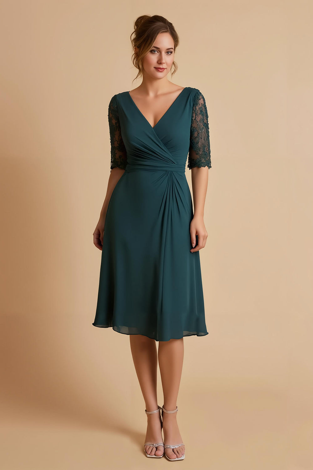 Pine Chiffon Ruched V-Neck A Line Midi Mother of the Bride Dress with Lace