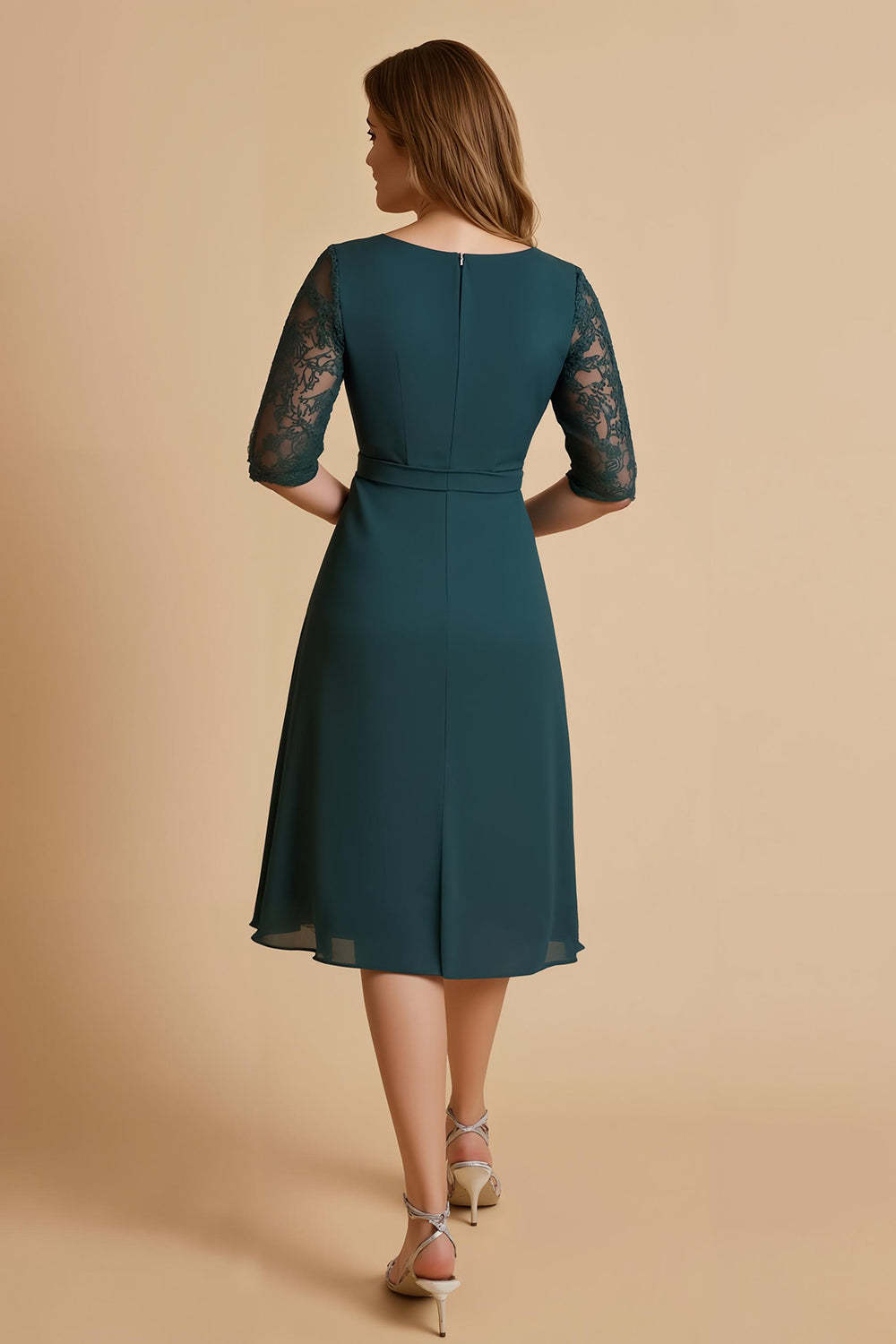 Pine Chiffon Ruched V-Neck A Line Midi Mother of the Bride Dress with Lace
