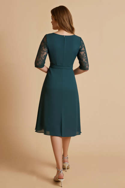Pine Chiffon Ruched V-Neck A Line Midi Mother of the Bride Dress with Lace