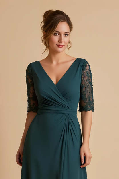 Pine Chiffon Ruched V-Neck A Line Midi Mother of the Bride Dress with Lace