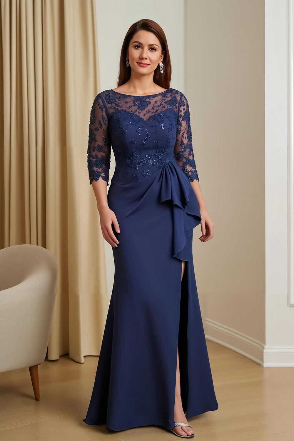 Leely Women Navy Mermaid Satin Maxi Mother of the Bride Dress with Slit Illusion Boat Neck Lace Wedding Guest Dress with Sleeves