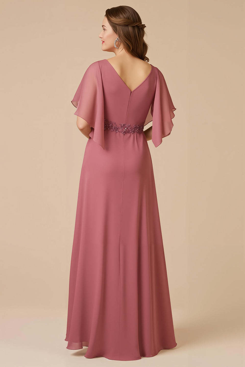 Desert Rose Ruffled V-Neck A Line Maxi Mother of the Bride Dress with Appliques