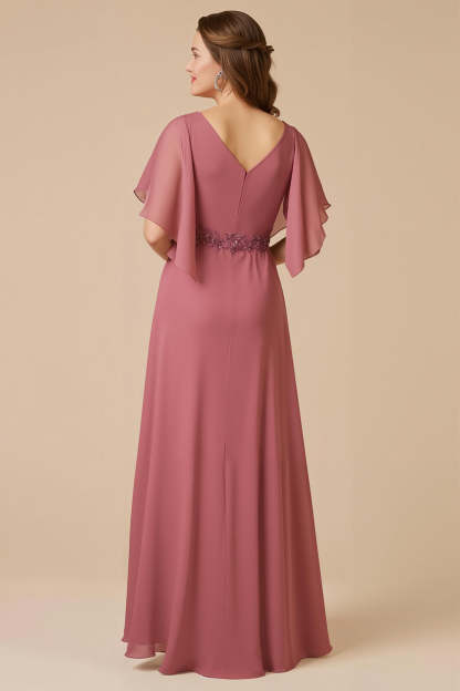 Desert Rose Ruffled V-Neck A Line Maxi Mother of the Bride Dress with Appliques