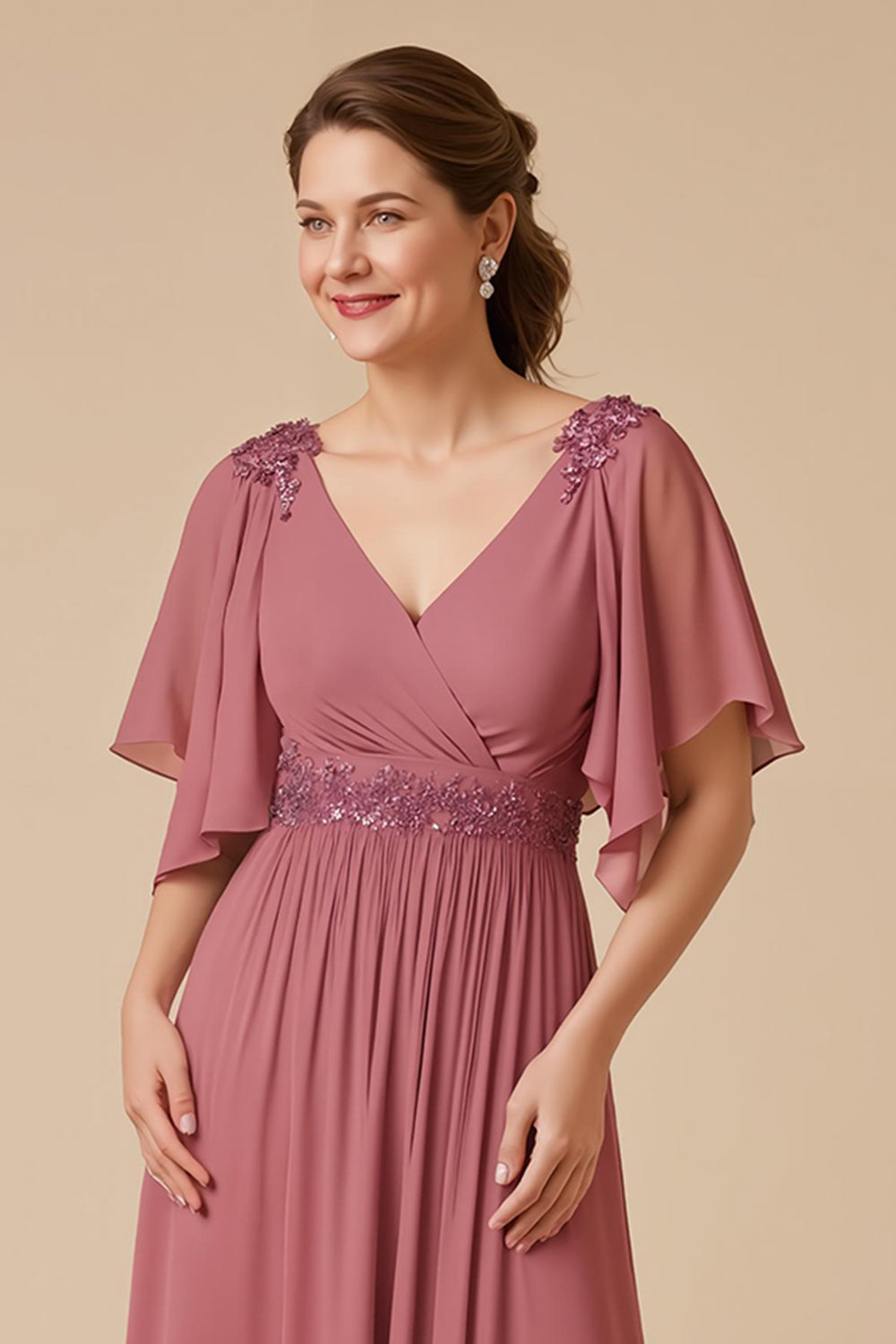 Desert Rose Ruffled V-Neck A Line Maxi Mother of the Bride Dress with Appliques