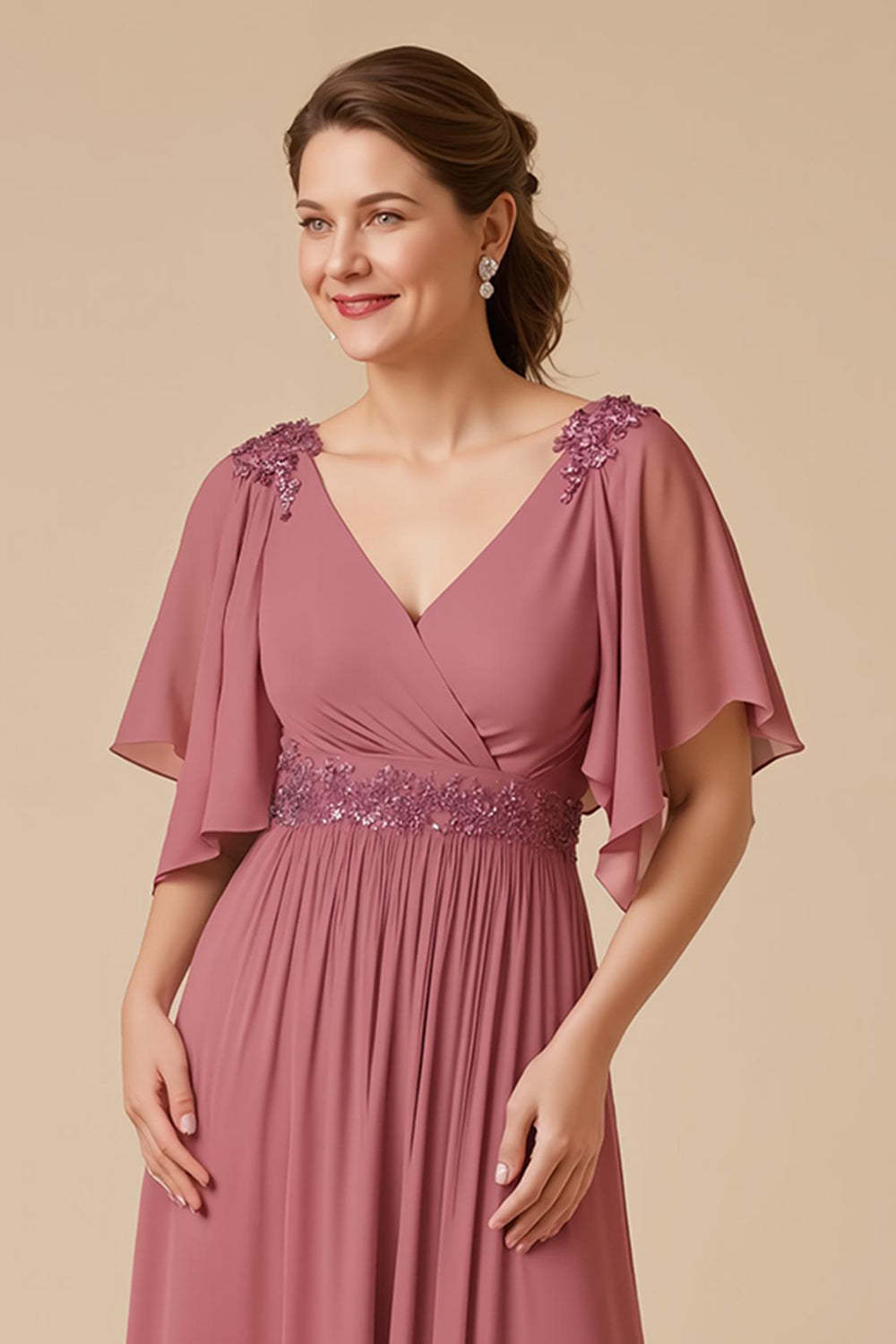 Desert Rose Ruffled V-Neck A Line Maxi Mother of the Bride Dress with Appliques