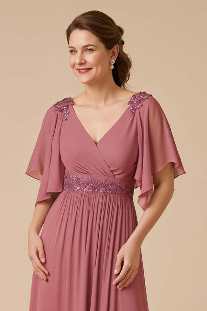 Desert Rose Ruffled V-Neck A Line Maxi Mother of the Bride Dress with Appliques