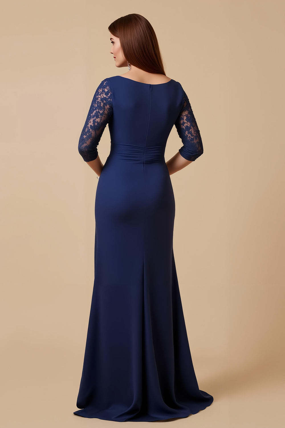 Navy Sheath Boat Neck Ruched Keyhole Maxi Mother of the Bride Dress with Lace