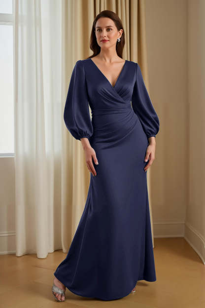 Pine Mermaid V-Neck Ruched Satin Maxi Mother of the Bride Dress with Sleeves