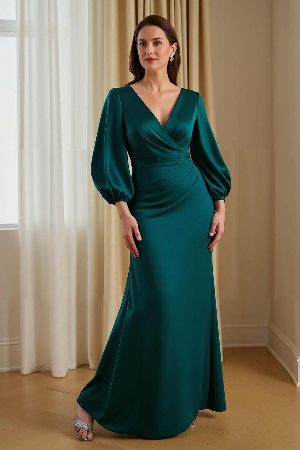 Pine Mermaid V-Neck Ruched Satin Maxi Mother of the Bride Dress with Sleeves