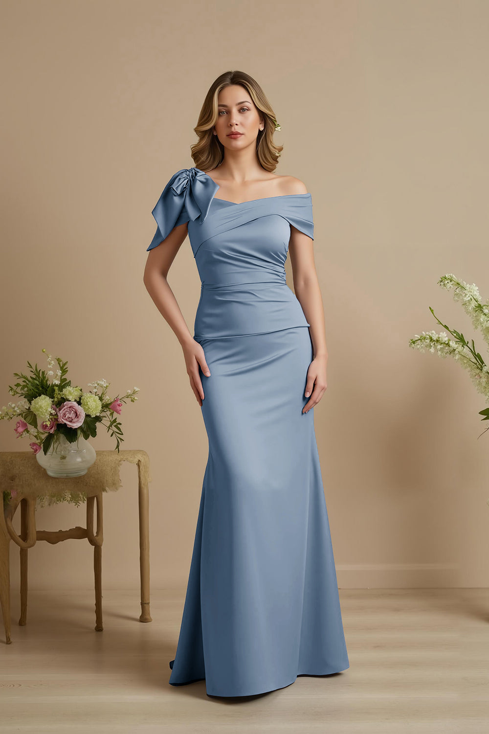 Leely Women Dusty Blue Mermaid Satin Long Mother of the Bride Dress with Bow Ruched Off The Shoulder Wedding Guest Dress