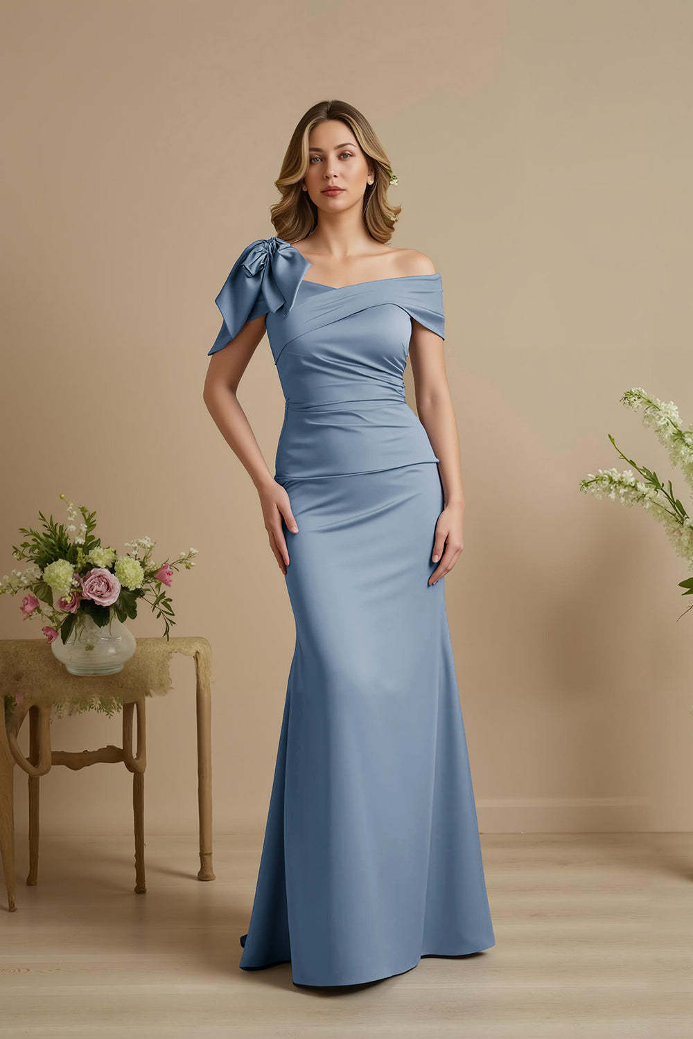 Leely Women Dusty Blue Mermaid Satin Long Mother of the Bride Dress with Bow Ruched Off The Shoulder Wedding Guest Dress
