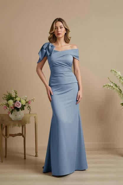 Leely Women Dusty Blue Mermaid Satin Long Mother of the Bride Dress with Bow Ruched Off The Shoulder Wedding Guest Dress