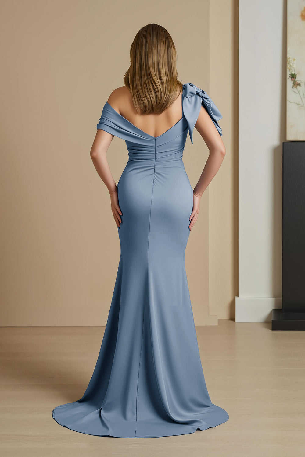 Dusty Blue Satin Mermaid Ruched Long Mother of the Bride Dress with Bow
