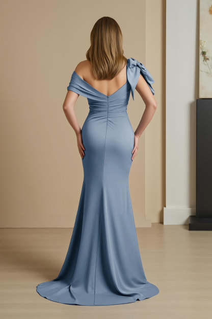 Dusty Blue Satin Mermaid Ruched Long Mother of the Bride Dress with Bow