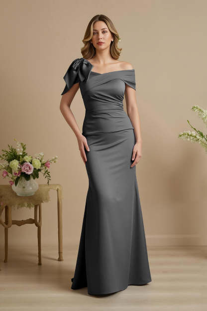 Dusty Blue Satin Mermaid Ruched Long Mother of the Bride Dress with Bow