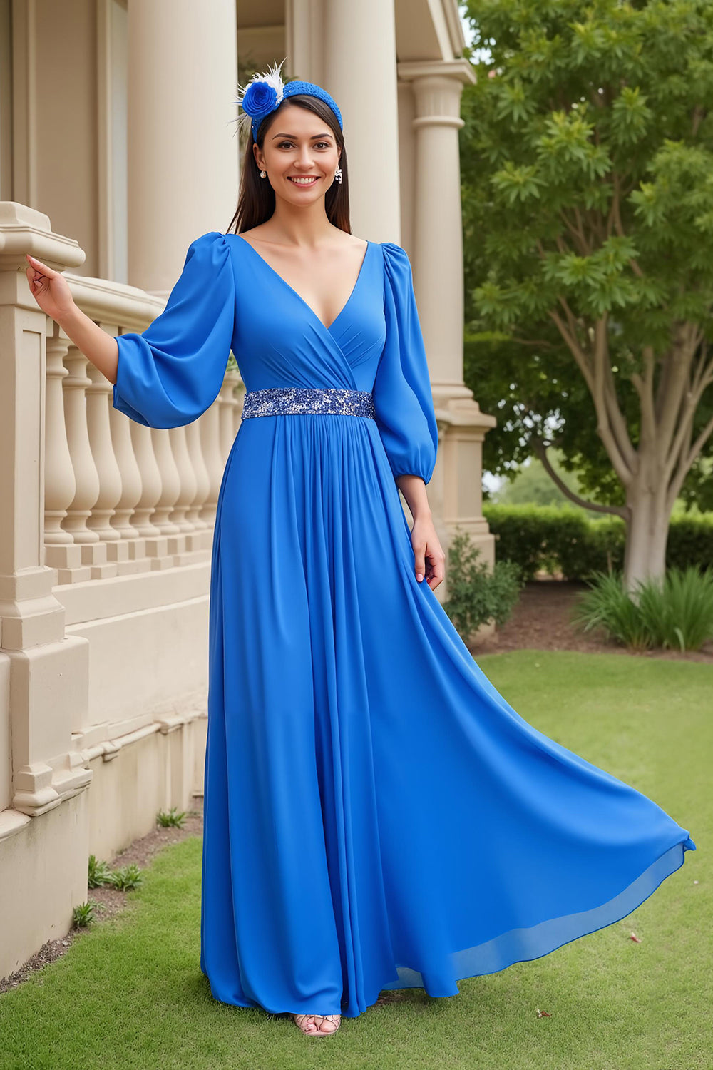Leely Women Blue Chiffon Maxi Mother of the Bride Dress with Beading A Line V-Neck Pleated Wedding Guest Dress with Sleeves