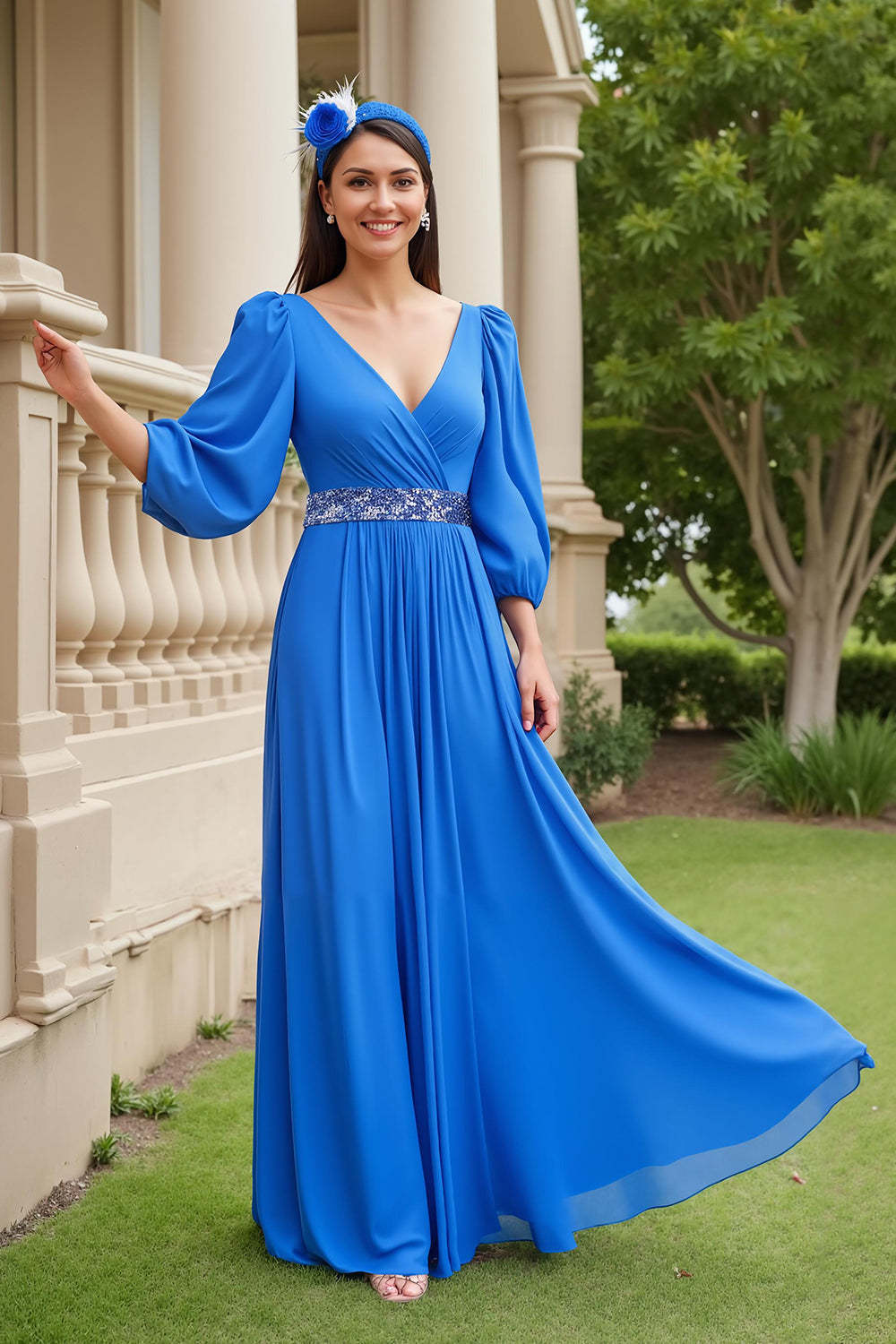 Leely Women Blue Chiffon Maxi Mother of the Bride Dress with Beading A Line V-Neck Pleated Wedding Guest Dress with Sleeves