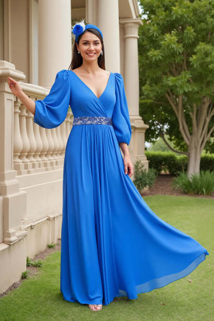 Leely Women Blue Chiffon Maxi Mother of the Bride Dress with Beading A Line V-Neck Pleated Wedding Guest Dress with Sleeves