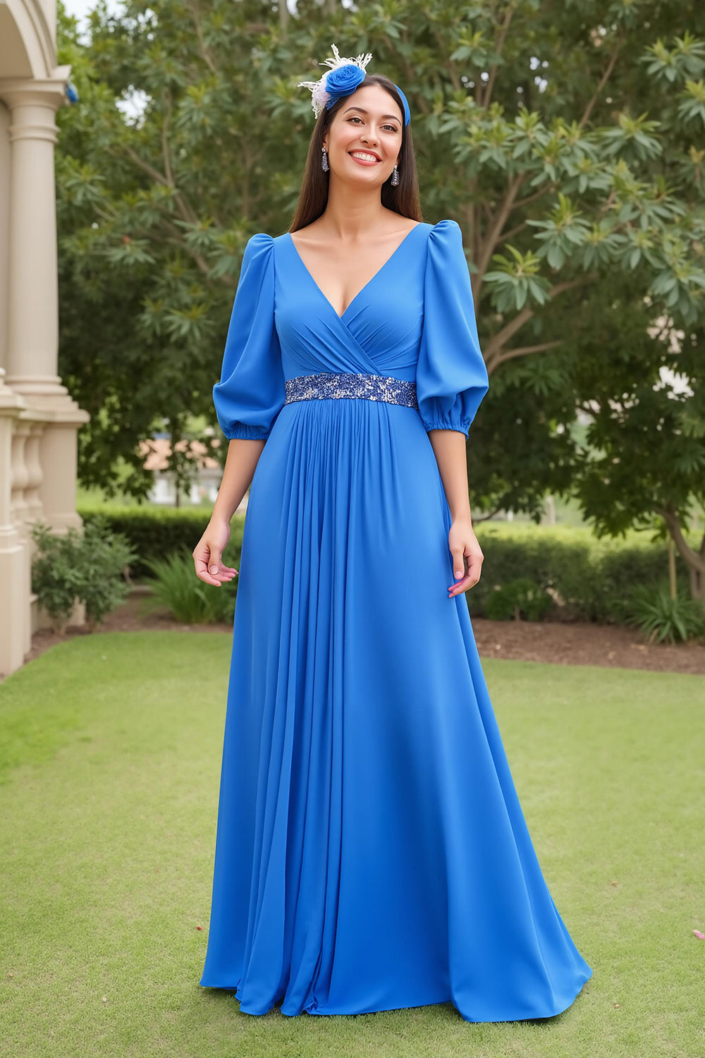 Blue Chiffon A Line V-Neck Maxi Mother of the Bride Dress with Beading