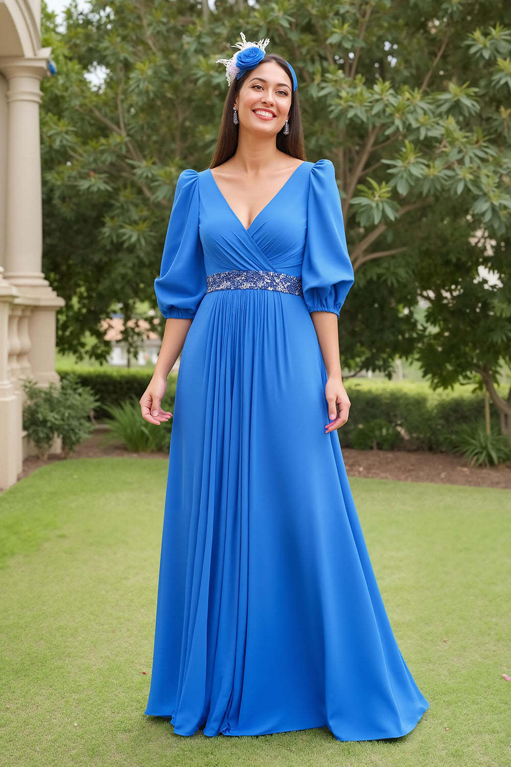 Blue Chiffon A Line V-Neck Maxi Mother of the Bride Dress with Beading