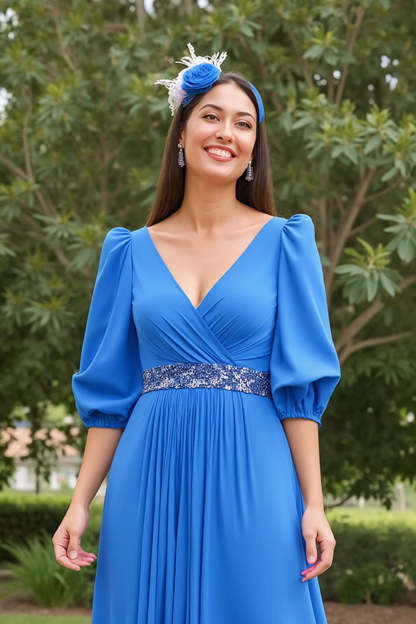 Blue Chiffon A Line V-Neck Maxi Mother of the Bride Dress with Beading