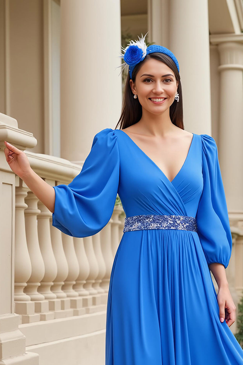 Blue Chiffon A Line V-Neck Maxi Mother of the Bride Dress with Beading