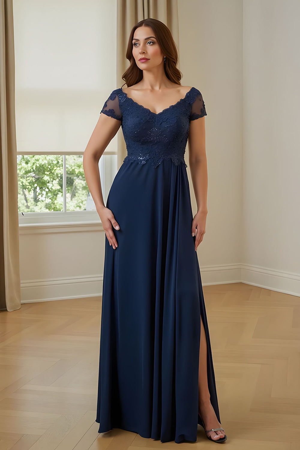Leely Women Sheath V-Neck Navy Long Mother of the Bride Dress with Slit Appliqued Wedding Guest Dress with Lace