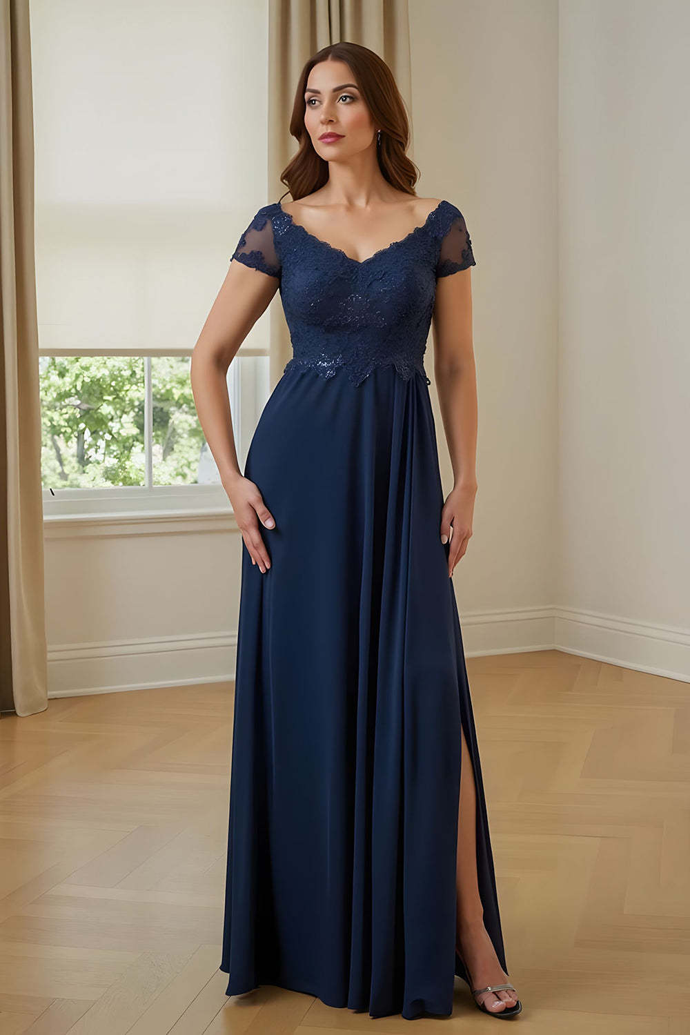 Leely Women Sheath V-Neck Navy Long Mother of the Bride Dress with Slit Appliqued Wedding Guest Dress with Lace